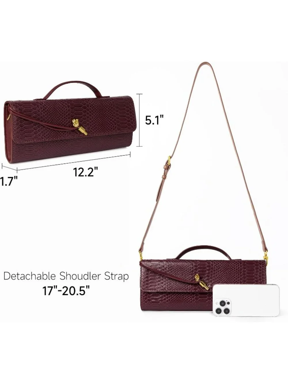 Womens Wine Croco Leather Suede Clutch Purse Evening Crossbody Handbag